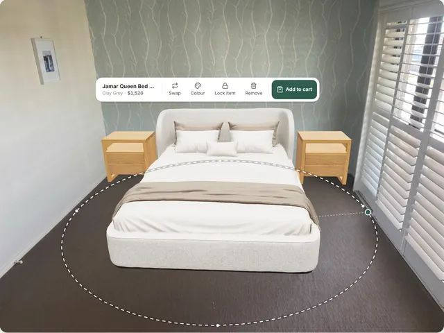 The Jamar bed placed in the cleared room between two Bronte bedside tables, with its turning ring, price and add-to-cart button.